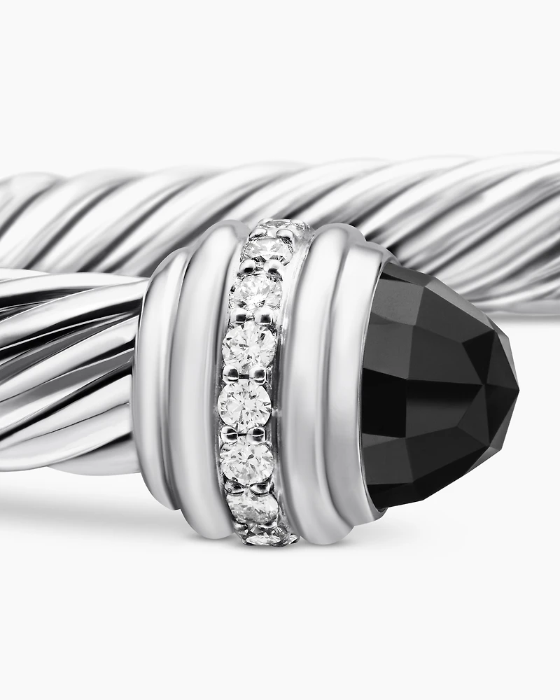 Classic Cable Bracelet Sterling Silver with Black Onyx and Diamonds, 7mm