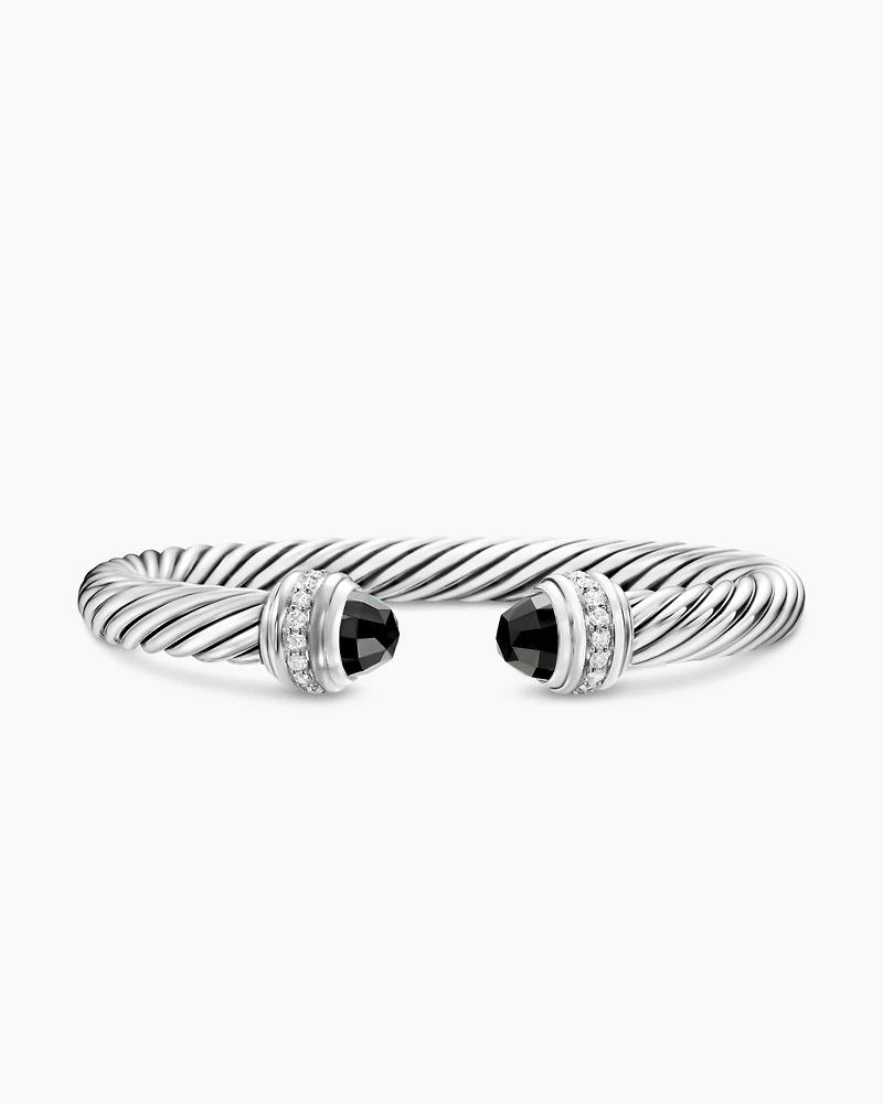 Classic Cable Bracelet Sterling Silver with Black Onyx and Diamonds, 7mm