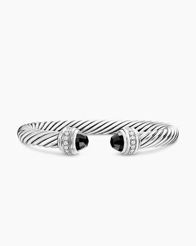 Classic Cable Bracelet Sterling Silver with Black Onyx and Diamonds, 7mm