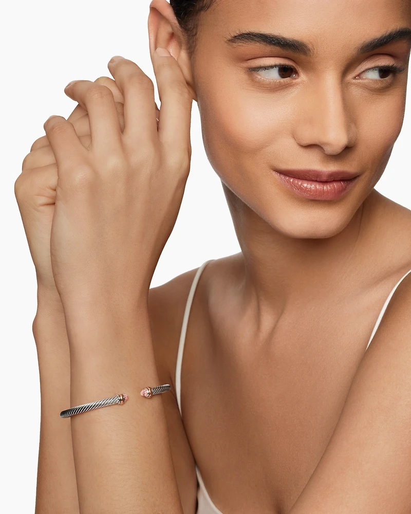 Classic Cable Bracelet Sterling Silver with 18K Rose Gold and Morganite, 4mm