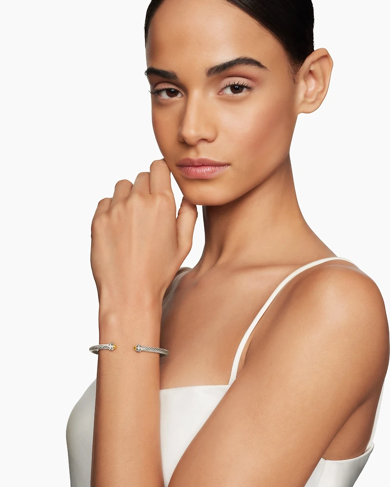 Classic Cable Bracelet Sterling Silver with 18K Yellow Gold Domes and Diamonds, 4mm