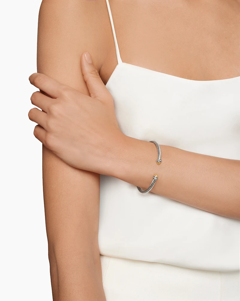 Classic Cable Bracelet Sterling Silver with 18K Yellow Gold Domes and Diamonds, 4mm