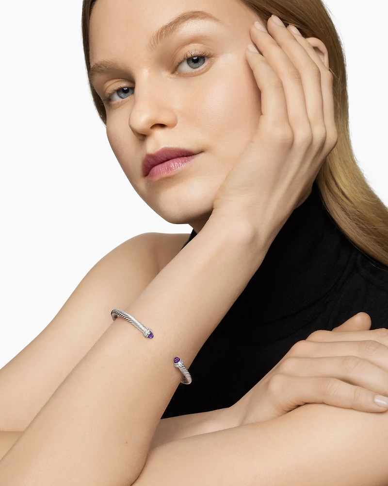 Classic Cable Bracelet Sterling Silver with Amethyst and Diamonds