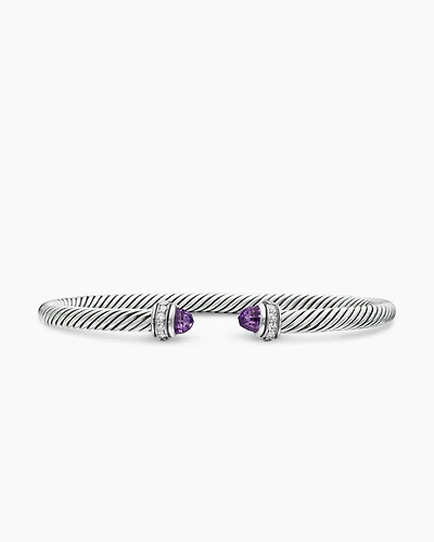 Classic Cable Bracelet Sterling Silver with Amethyst and Diamonds, 4mm