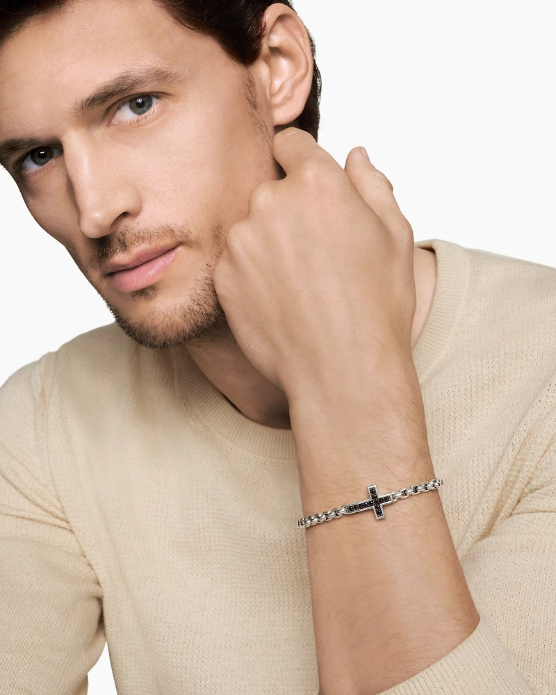 Cross Station Bracelet Sterling Silver with Black Diamonds, 5mm