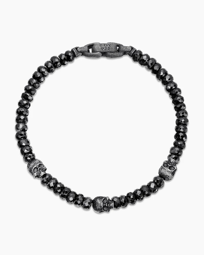 Memento Mori Skull Station Bracelet Sterling Silver with Black Spinel, 6mm