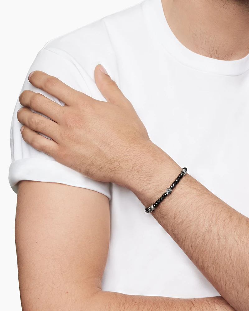 Memento Mori Skull Station Bracelet Sterling Silver with Black Spinel, 6mm
