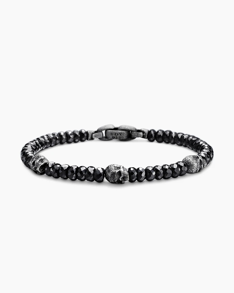 Memento Mori Skull Station Bracelet Sterling Silver with Black Spinel, 6mm