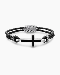 Streamline® Cross Station Bracelet Black Leather with Sterling Silver and Onyx, 3mm
