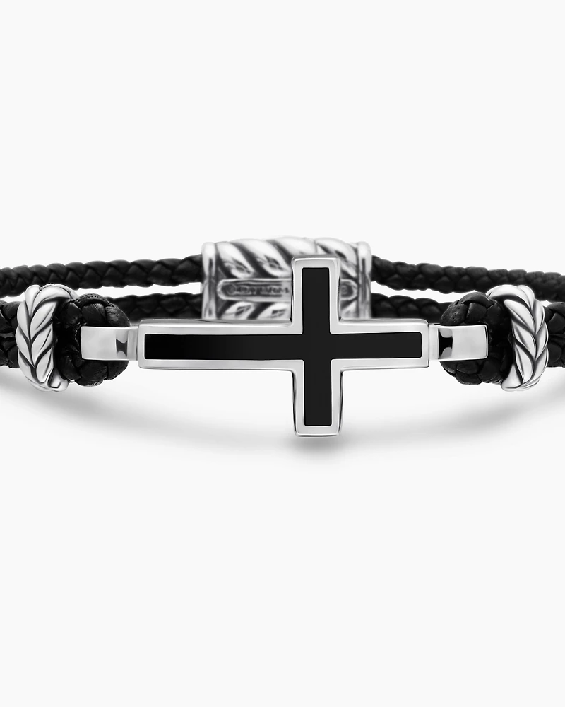 Streamline® Cross Station Bracelet Black Leather with Sterling Silver and Onyx, 3mm