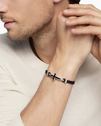 Streamline® Cross Station Bracelet Black Leather with Sterling Silver and Onyx, 3mm