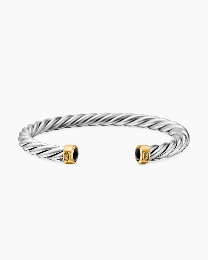 Cable Cuff Bracelet Sterling Silver with 18K Yellow Gold and Black Onyx, 6mm