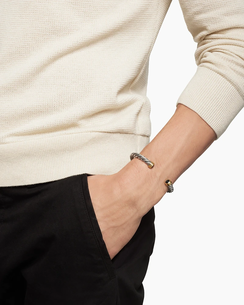 Cable Cuff Bracelet Sterling Silver with 18K Yellow Gold and Black Onyx, 6mm