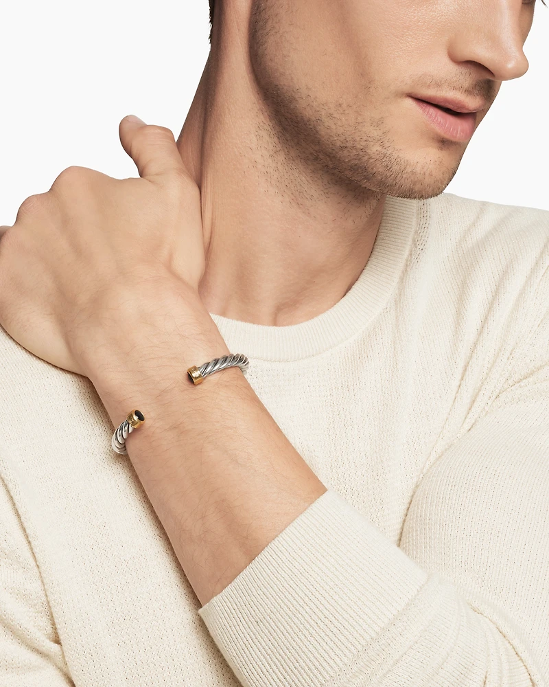 Cable Cuff Bracelet Sterling Silver with 18K Yellow Gold and Black Onyx, 6mm