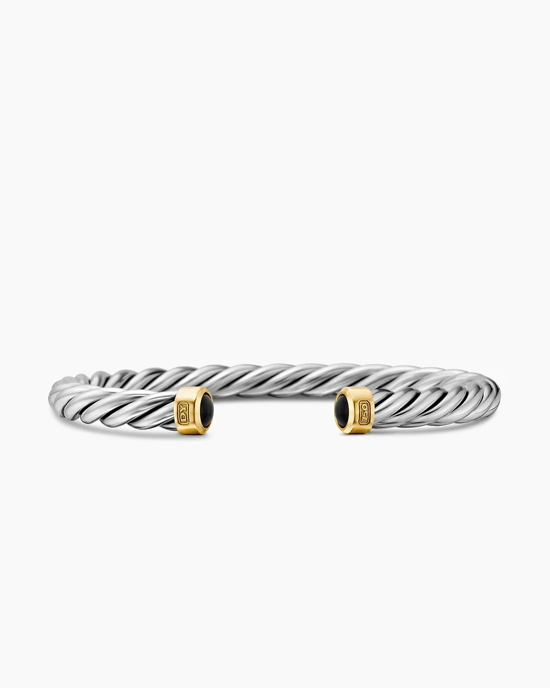 Cable Cuff Bracelet Sterling Silver with 18K Yellow Gold and Black Onyx, 6mm