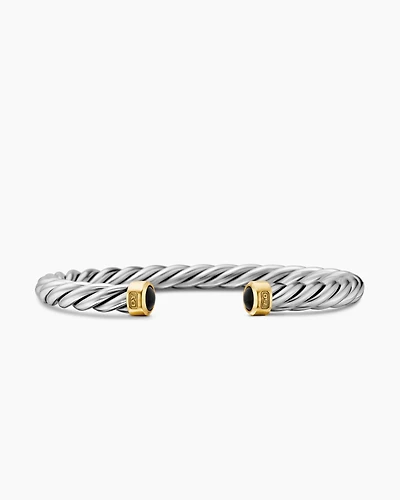 Cable Cuff Bracelet Sterling Silver with 18K Yellow Gold and Black Onyx, 6mm