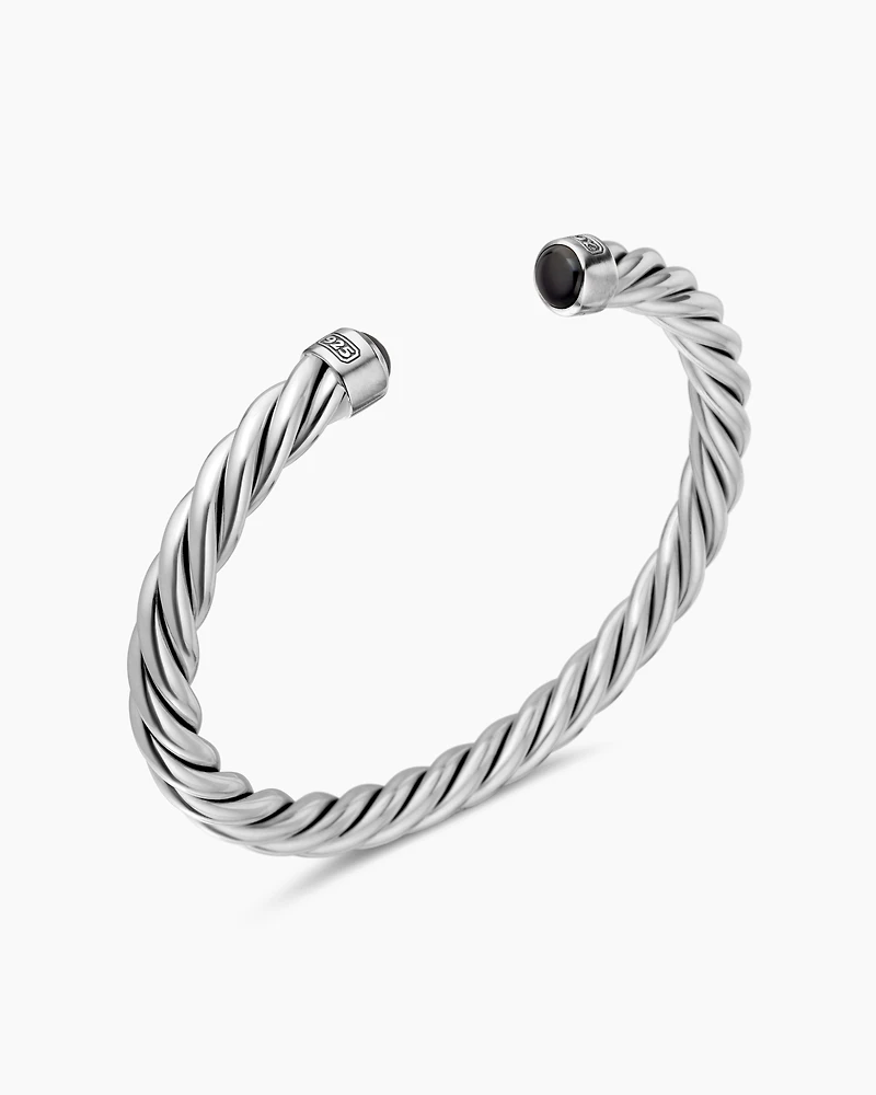 Cable Cuff Bracelet Sterling Silver with Black Onyx, 6mm