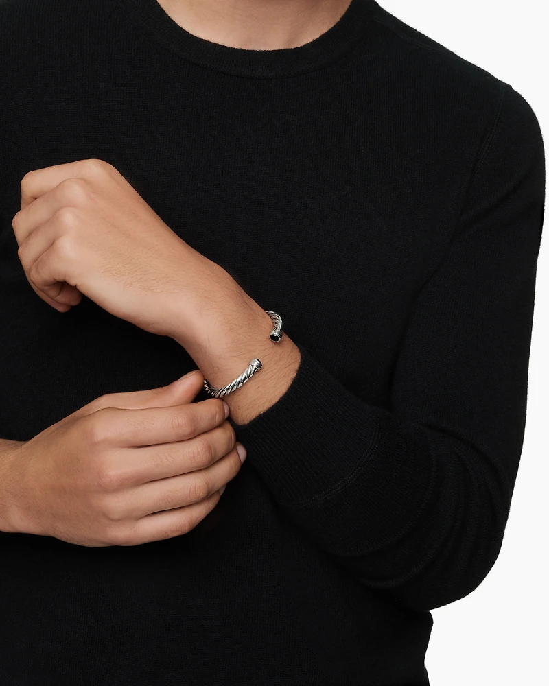Cable Cuff Bracelet Sterling Silver with Black Onyx, 6mm