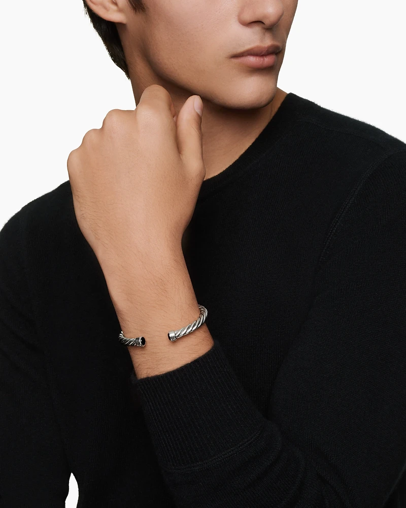 Cable Cuff Bracelet Sterling Silver with Black Onyx, 6mm