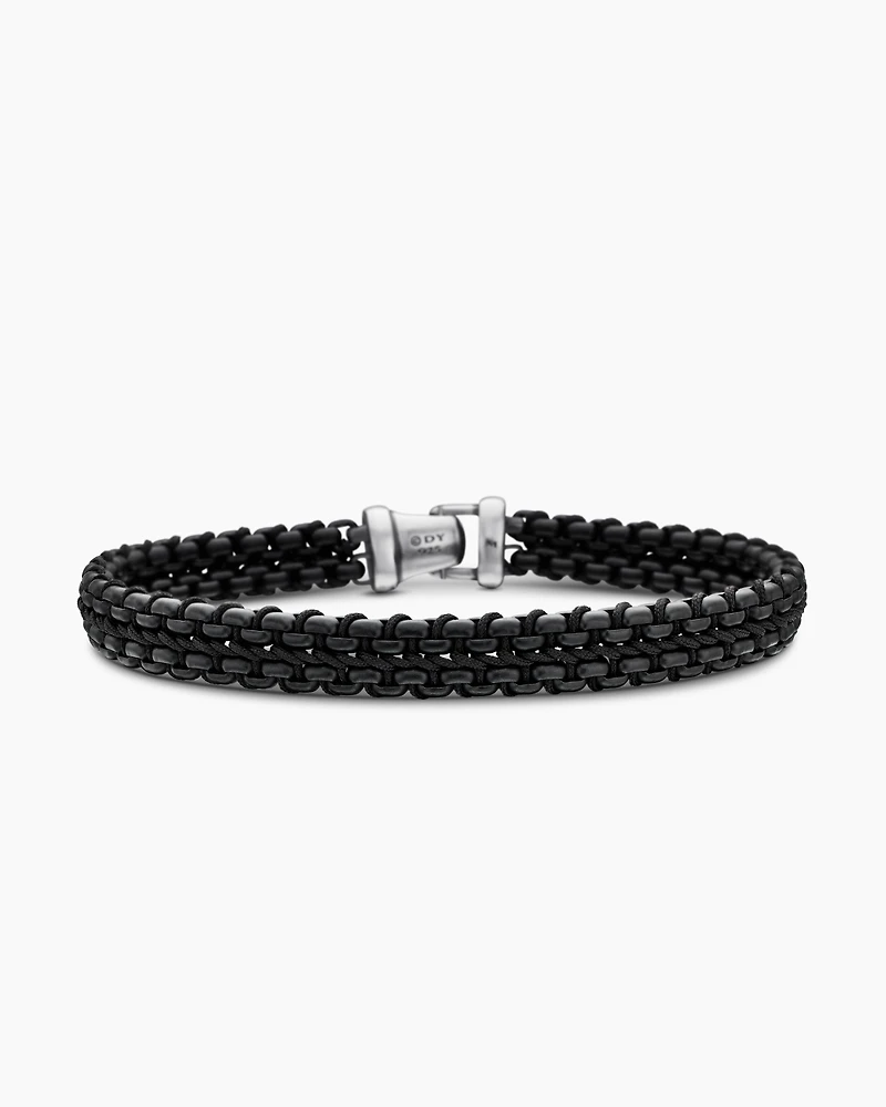 Woven Box Chain Bracelet Sterling Silver with Black Stainless Steel and Nylon, 10mm