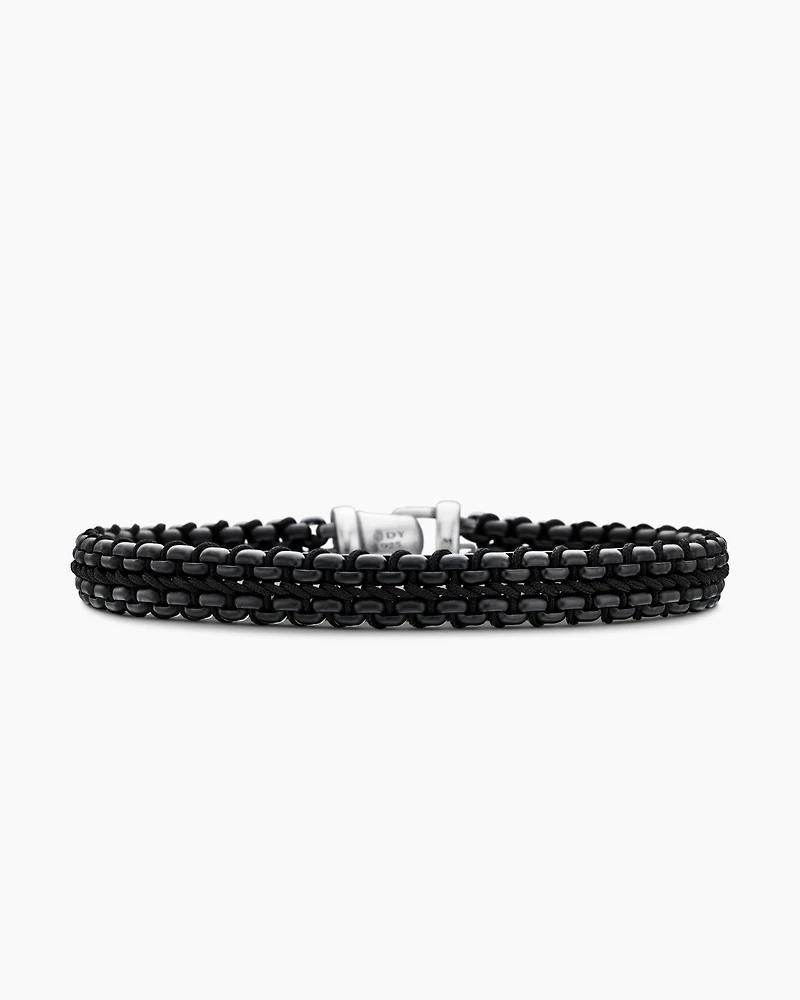 Woven Box Chain Bracelet Sterling Silver with Black Stainless Steel and Nylon, 10mm
