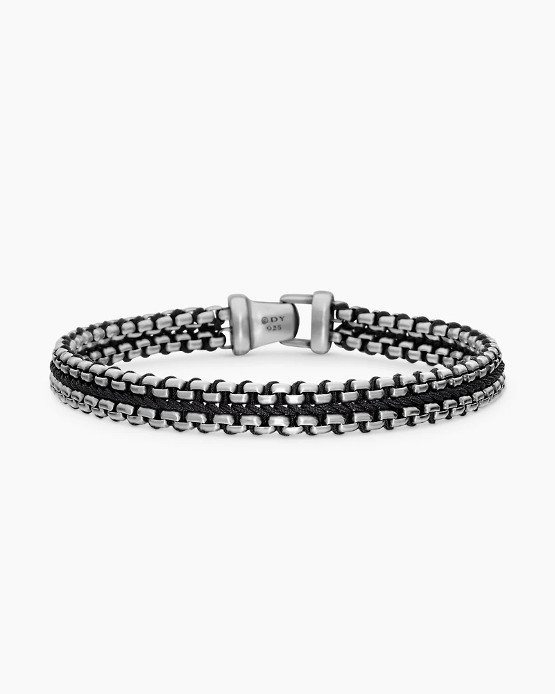 Woven Box Chain Bracelet in Sterling Silver with Black Nylon, 10mm