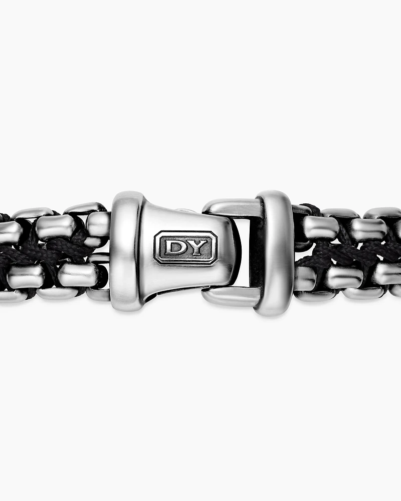 Woven Box Chain Bracelet Sterling Silver with Black Nylon, 12mm