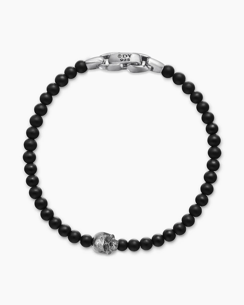 Memento Mori Skull Station Bracelet Sterling Silver with Black Onyx, 4mm