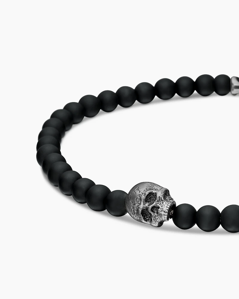 Memento Mori Skull Station Bracelet Sterling Silver with Black Onyx, 4mm