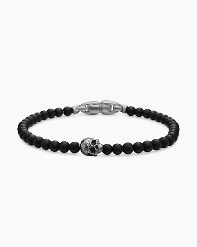Memento Mori Skull Station Bracelet Sterling Silver with Black Onyx, 4mm