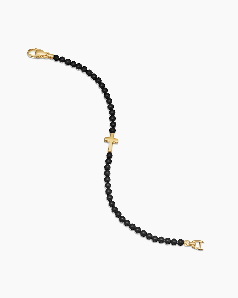 Spiritual Beads Cross Station Bracelet with Black Onyx and 18K Yellow Gold, 4mm