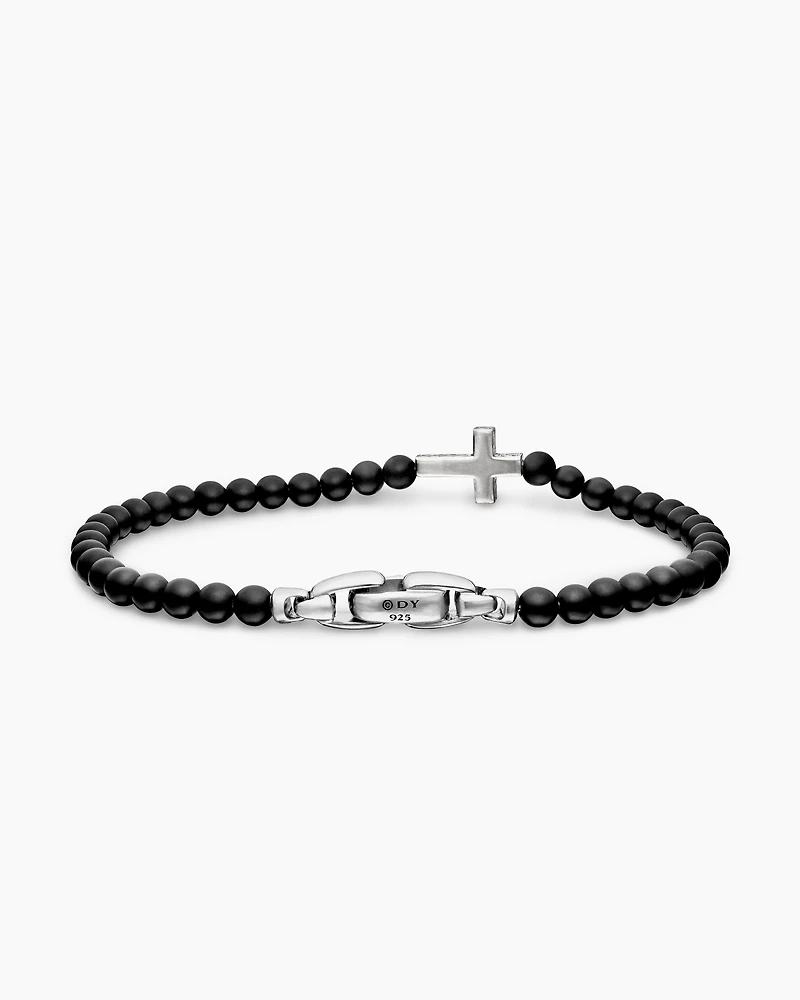 Spiritual Beads Cross Station Bracelet Sterling Silver with Black Onyx, 4mm
