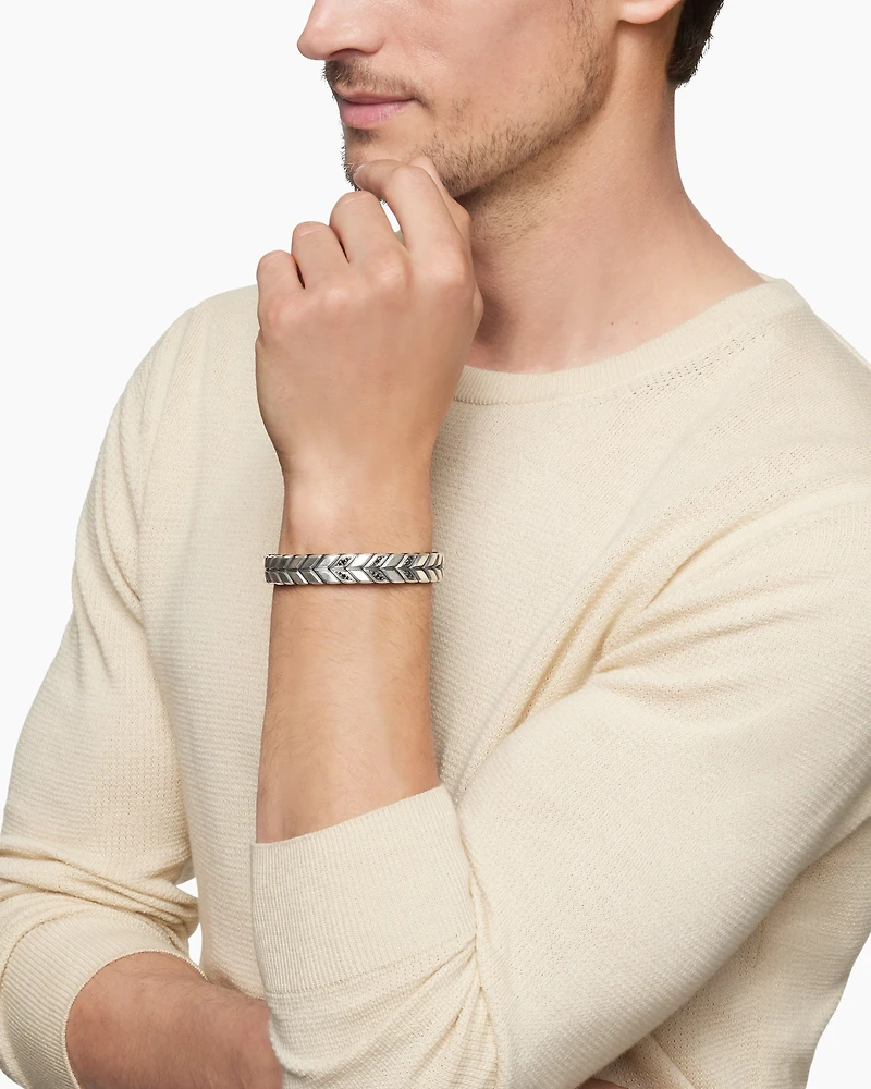 Chevron Woven Bracelet Sterling Silver with Black Diamonds and Nylon