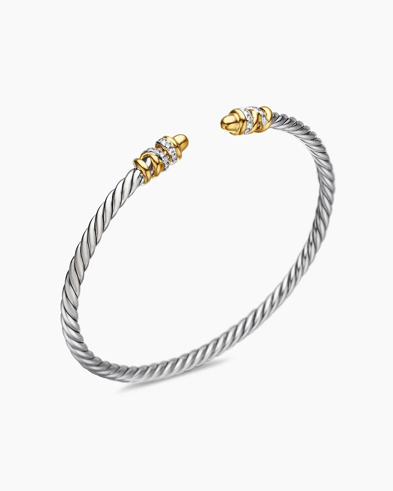 Petite Helena Classic Cable Bracelet Sterling Silver with 18K Yellow Gold, Gold Domes and Diamonds, 3mm