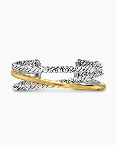 Bold Crossover Three Row Cuff Bracelet Sterling Silver with 14K Yellow Gold, 19mm