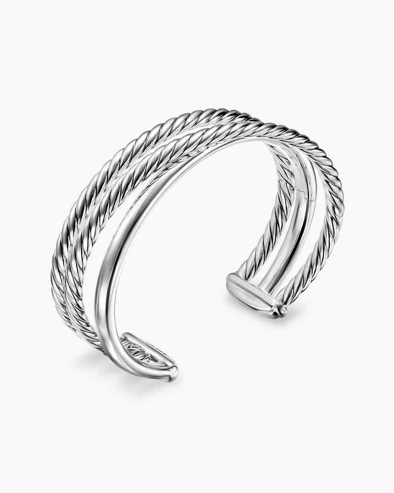 Bold Crossover Three Row Cuff Bracelet Sterling Silver, 19mm