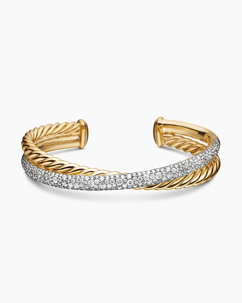 Pavé Crossover Two Row Cuff Bracelet in 18K Yellow Gold with Diamonds, 10.7mm