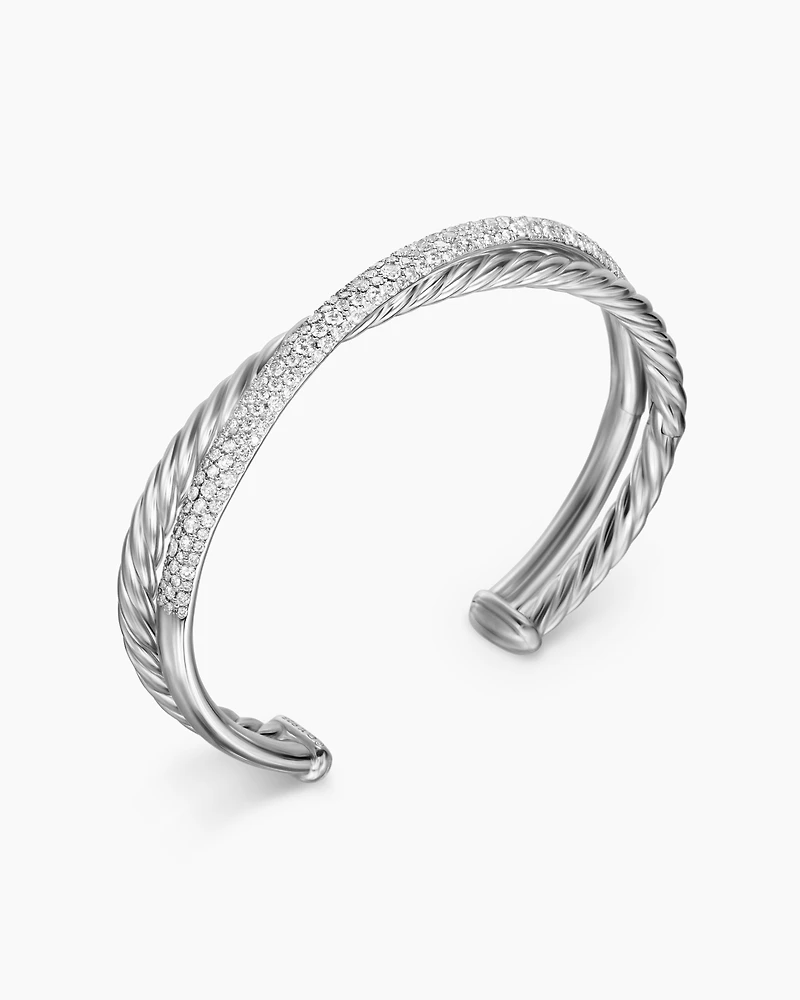 Pavé Crossover Two Row Cuff Bracelet in Sterling Silver with Diamonds, 10.7mm
