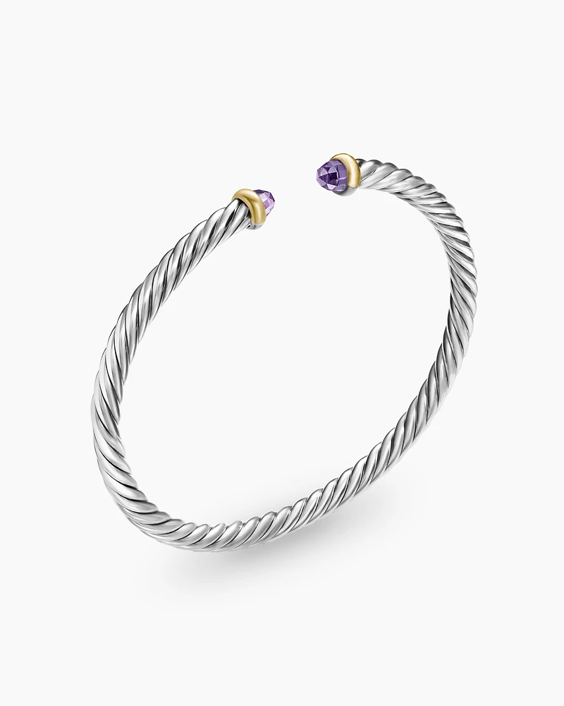 Cable Flex Bracelet Sterling Silver with 14K Yellow Gold and Amethyst, 4mm