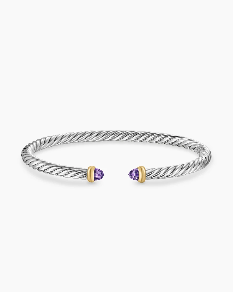 Cable Flex Bracelet Sterling Silver with 14K Yellow Gold and Amethyst, 4mm