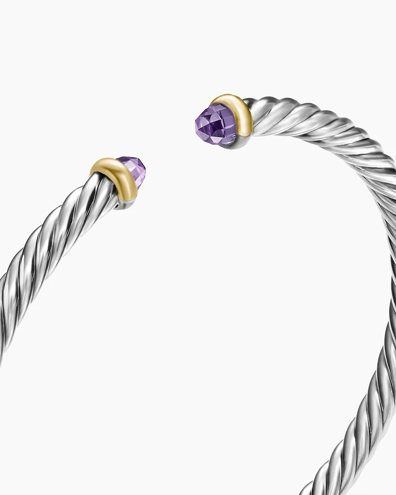Cable Flex Bracelet Sterling Silver with 14K Yellow Gold and Amethyst, 4mm