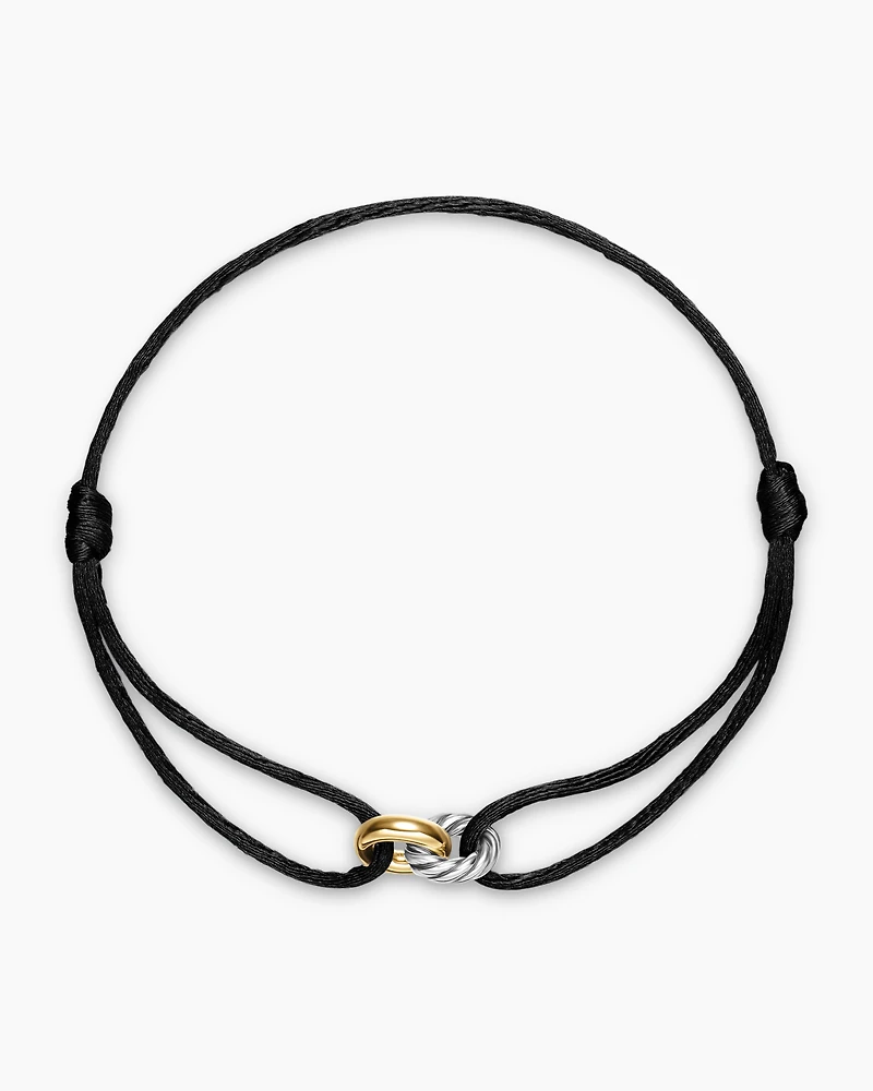 Sculpted Cable Linked Cord Bracelet Black Nylon with Sterling Silver and 14K Yellow Gold, 8.7mm