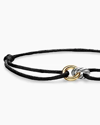 Sculpted Cable Linked Cord Bracelet Black Nylon with Sterling Silver and 14K Yellow Gold, 8.7mm