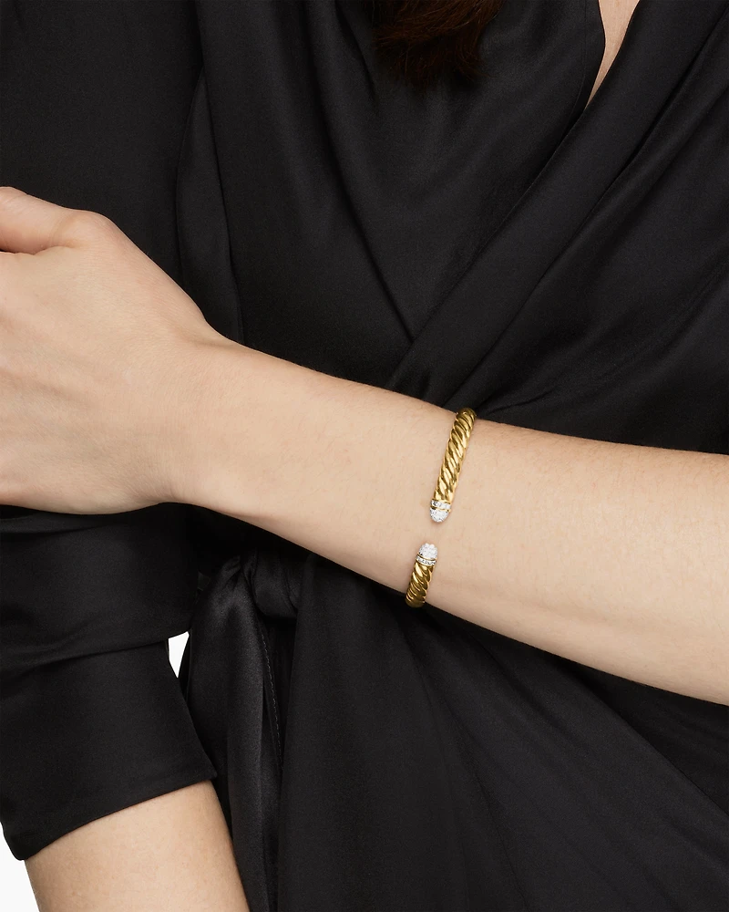 Sculpted Cable Cuff Bracelet 18K Yellow Gold with Pavé Diamond Domes, 6.2mm