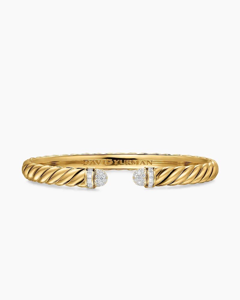 Sculpted Cable Cuff Bracelet 18K Yellow Gold with Pavé Diamond Domes, 6.2mm