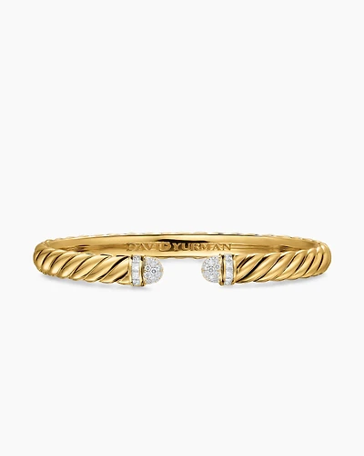 Sculpted Cable Cuff Bracelet 18K Yellow Gold with Pavé Diamond Domes, 6.2mm