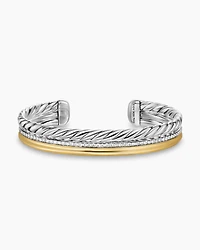 DY Mercer® Three Row Cuff Bracelet in Sterling Silver with 18K Yellow Gold and Diamonds, 10.4mm