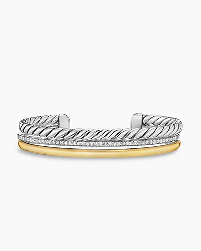 DY Mercer® Three Row Cuff Bracelet in Sterling Silver with 18K Yellow Gold and Diamonds, 10.4mm