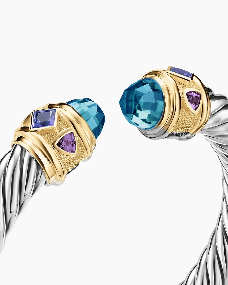 Renaissance® Cable Flex® Bracelet Sterling Silver with 14K Yellow Gold, Hampton Blue Topaz, Iolite and Amethyst, 9mm