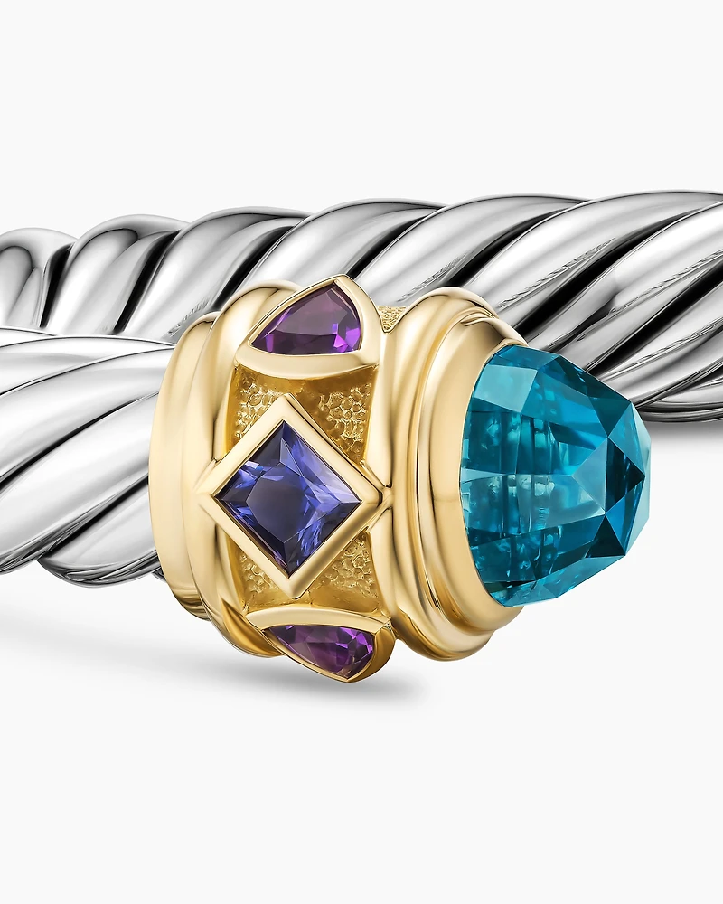 Renaissance® Cable Flex® Bracelet Sterling Silver with 14K Yellow Gold, Hampton Blue Topaz, Iolite and Amethyst, 9mm